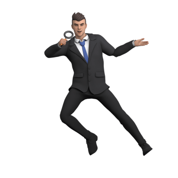 Professional Legal Male. A male lawyer is jumping excitedly while holding a magnifying glass in one hand. 3D Lawyer png