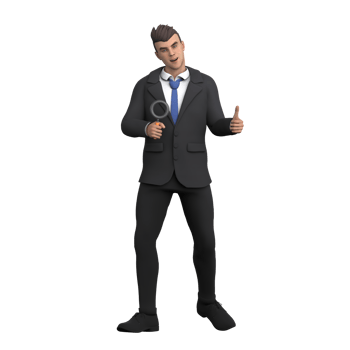 3D Professional Male in Lawyer Role. A male lawyer stands with his right hand holding a magnifying glass while his left hand raises his thumb. Legal png