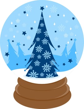 Christmas tree in a beautiful winter landscape inside a snow globe with stars and snowflakes. Winter season ornament, Xmas landscape decoration. vector