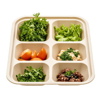 Fresh salad in a sustainable tray featuring vibrant greens and vegetables png