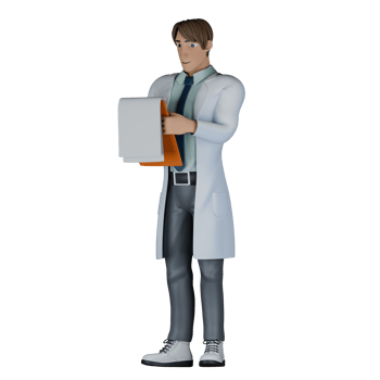 Male Doctor Cartoon in 3D. A male doctor stands reviewing important information from a clipboard. Clinic Scene png