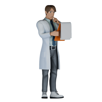 Medical Expert 3D Model. A male doctor stands with his right hand holding a clipboard while his left index finger is in his mouth. Doctor Cartoon png