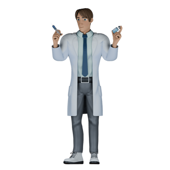 Healthcare Provider in 3D. A male doctor is standing holding a vial containing a medicinal liquid in his left hand and a syringe in his right hand. Cartoon Doctor png