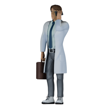 of a Male Doctor. A male doctor stands with his right hand holding a briefcase while his left hand holds a cellphone placed on his ear. 3D Style png