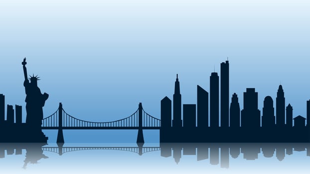 Cityscape illustration of new york city with Liberty statue and bridge vector
