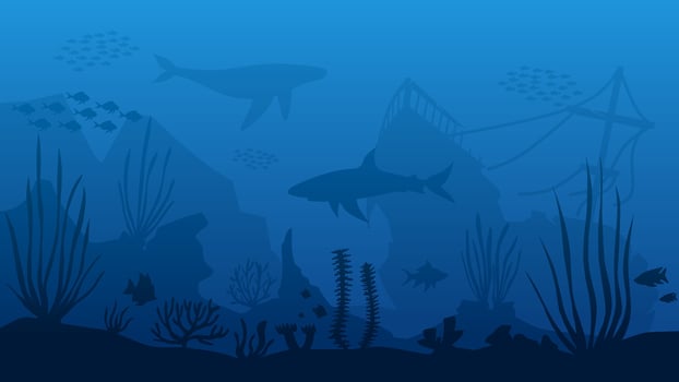 Landscape illustration of shipwreck in the deep sea with coral reefs vector
