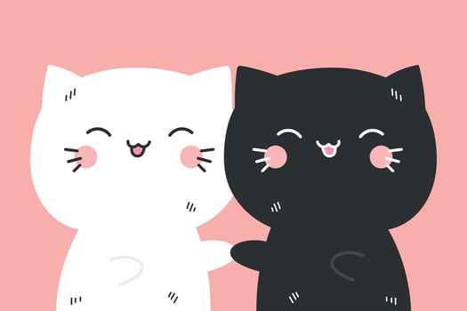 Cute hand drawn white and black cats holding each other paws vector