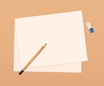 Painting supplies on the table. Pencil, eraser and paper sheets. Drawing tools vector