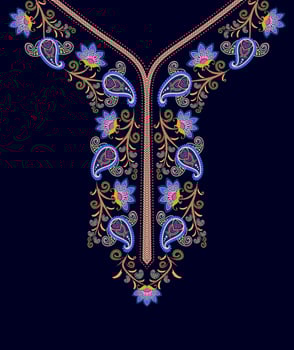 Embroidery V neck design with floral paisley patterns and vine scroll motifs on a navy background vector