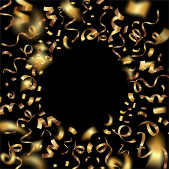 Gold ribbons serpentine confetti background with empty space inside. Glowing confetti frame, border, banner design for holiday design. Abstract Background, Border, Celebrate presentation. vector