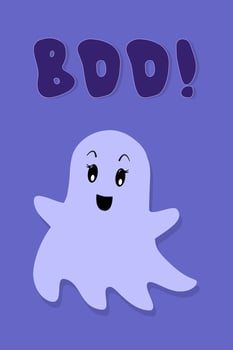 Boo Text Poster. Cute Halloween Ghost on Blue Background with Lettering. Banner, Greeting Card or Invitation in Flat Cartoon style. vector