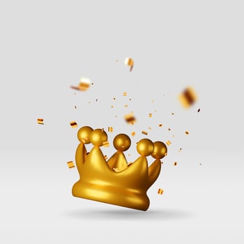 3D gold crown icon and confetti. Render golden confetti vector