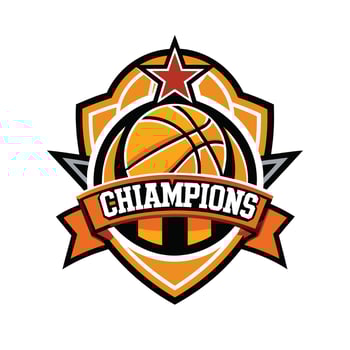 Basketball with text champions in shield shape mascot logo icon vector