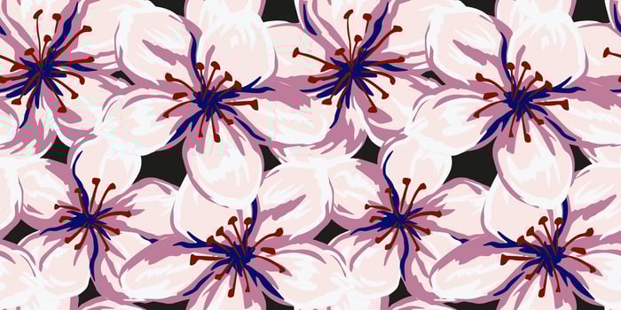 Blooming large flowers pattern. Abstract artistic florals seamless printing on a dark background. hand drawn. Painted ornament for designs, fabric, textiles, vector