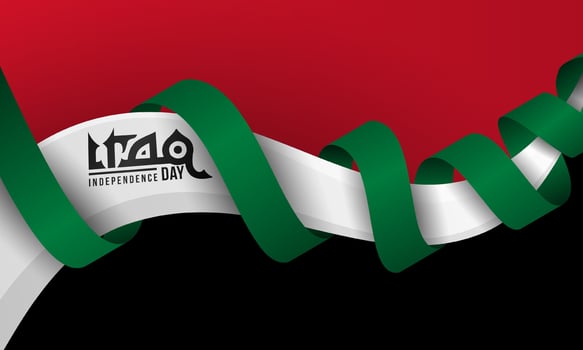 a wavy white 3d shape surrounded by a green ribbon on a red and black background. Iraq independence day template design. Iraq national day campaign vector
