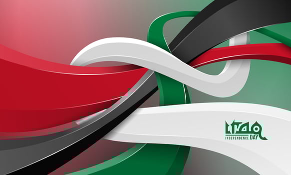 Waving 3d shapes of red green black and white on gradient background. Iraq independence day template. Iraq national day campaign vector