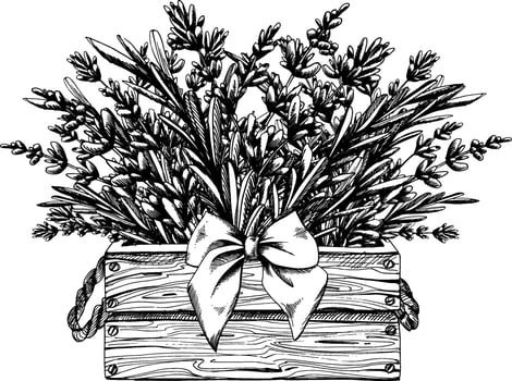Lavender flowers and leaves, twigs collected in a bouquet in a wooden box, decorated with a bow. Illustration hand-drawn graphic line art black and white ink. Sublimation arrangement. vector