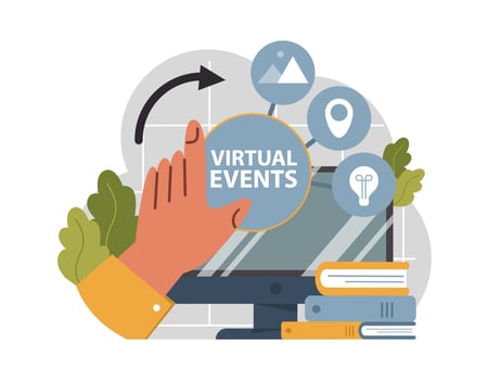Virtual events. Online education, conference, exhibition, friends vector