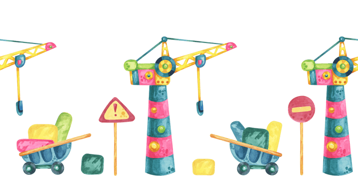 Tower crane, warning signs, wheelbarrow and building blocks in watercolor. Construction site seamless border clipart in cartoon style. Illustration for construction-themed designs, kids' room decor png