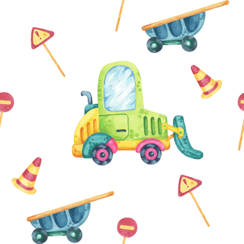 Green forklift, blue wheelbarrows, striped road cones, and red traffic signs. Seamless pattern, watercolor clipart, cartoon style. Ideal for party supplies, baby textiles, and nursery wallpaper png