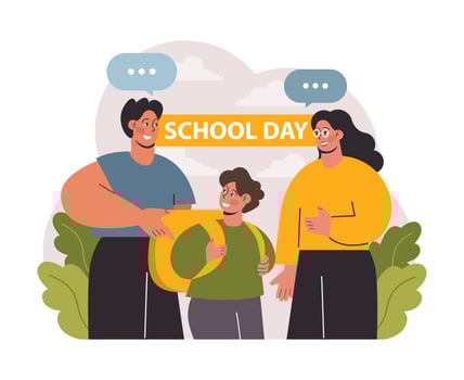 School preparation. School kids with parents prepare for studying. vector