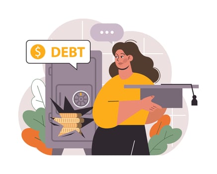 Student debt. Young graduated character with a financial crisis. Expencive vector