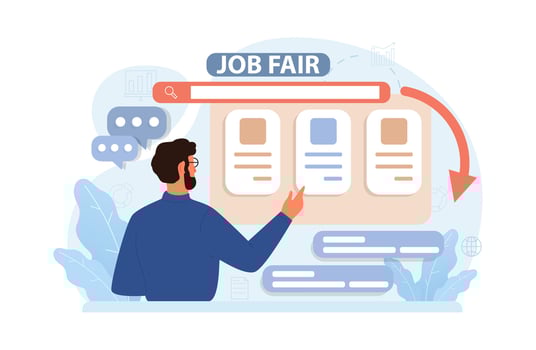 Online job fair. Hiring or job search online platform. Recruitment agency vector