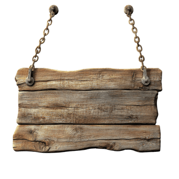 Rustic wooden sign hanging from chains outdoors isolated transparent background png