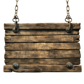 Wooden sign on metal chains outdoors isolated transparent background png