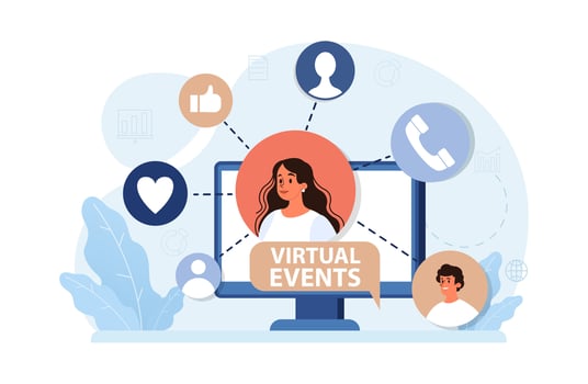 Virtual events. Online education, conference, exhibition, friends vector