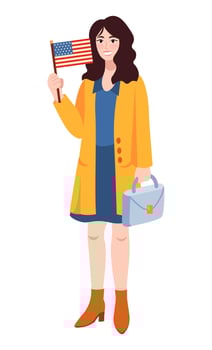 Young Woman Holding USA National Flag in Hands vector