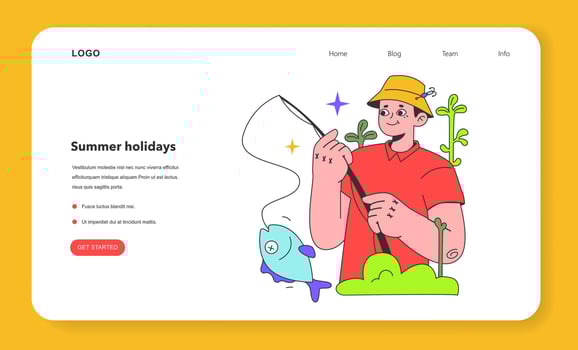 Summer time activity web banner or landing page. Man with a spinning vector