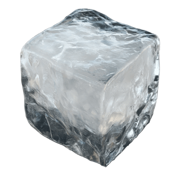 Clear ice cube resting on a counter in daylight isolated transparent png
