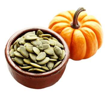 Healthy pumpkin seeds in a bowl with pumpkin isolated transparent png