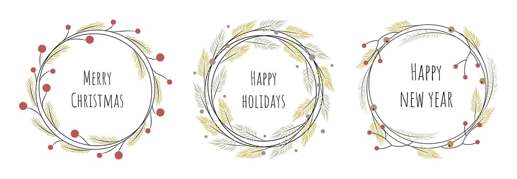 A set of New Year's wreaths from Christmas tree branches. Round frame with place for text. Merry Christmas. Happy holidays. Minimalistic illustration. vector