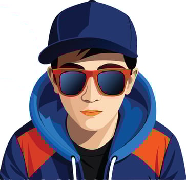 Young man wearing sunglasses and a cap is posing for a portrait vector