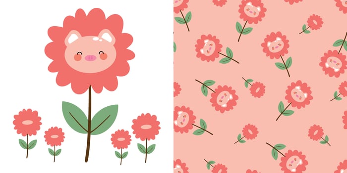 Card and pattern of cartoon pink pigs and flowers. cute wallpaper and cards for fabric prints, gift wrapping paper vector