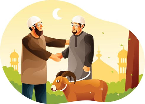 Muslims give goats for Eid al-Adha vector
