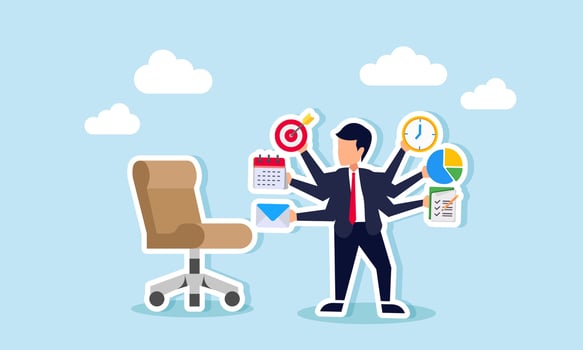 Businessman with many hands holding mail, calendar, targets, clock, diagram, and tasks, illustration of manage mail, setting agendas, establishing targets, scheduling, reporting, and presentations vector
