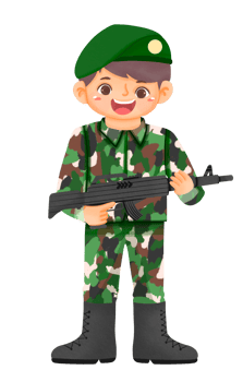 Cute boy wearing soldier uniform and holding toy gun png