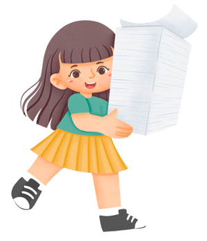 Cute little kid girl carrying pile of papers png