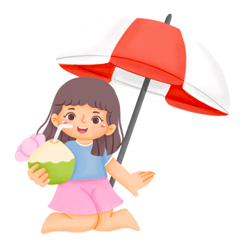 A girl holding a coconut and an umbrella png
