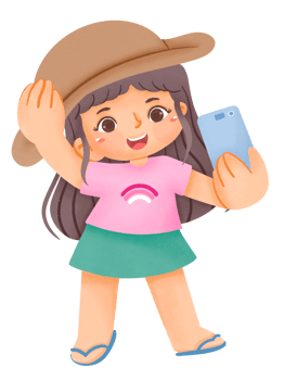 A girl in a hat and pink shirt holding a phone png