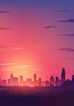 Hand painted vertical landscape illustration of a city at sunset or sunrise vector