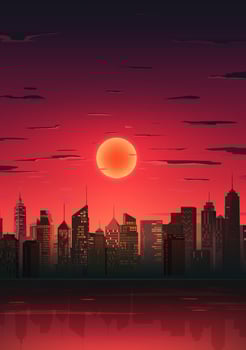 Hand painted vertical landscape illustration Halloween city red sky and moon at night vector