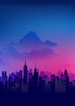 Hand painted vertical landscape illustration of the city under the blue and purple sky vector