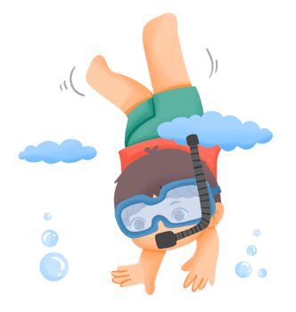 A boy in a diving mask and goggles is floating in the air png
