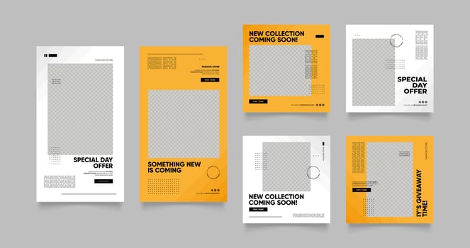social media template banner blog fashion sale promotion in yellow white black color. fully editable square post frame puzzle organic sale poster. fresh yellow element shape background vector