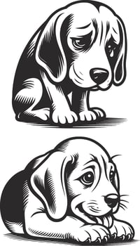 Two black and white illustrations of a puppy and a dog vector