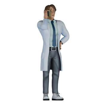 Professional Male in Medicine. A male doctor stands with his right hand carrying a cellphone placed on his ear while his left hand is on his waist. 3D Doctor Cartoon png